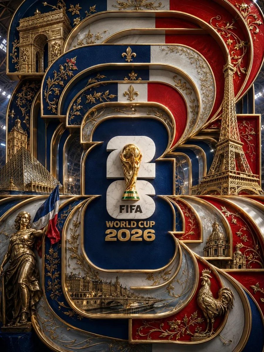 极致细节的奢华 3D FIFA 2026 世界杯法国海报。巨大的分层“2026”字体主导整个构图,由相互交织的金属丝带和雕刻般的建筑框架构成。数字装饰采用法国三色配色(深蓝、白与浓郁红),辅以...
