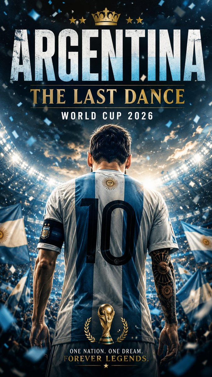 史诗级 2026 国际足联世界杯 电影海报，传奇足球偶像的背影，独自走向一座巨大灯光球场中央，身穿印有标志性号码的国家队球衣，数千名热情球迷挥舞着国旗，烟花绽放，彩纸纷飞，戏剧化的电影级光效，...