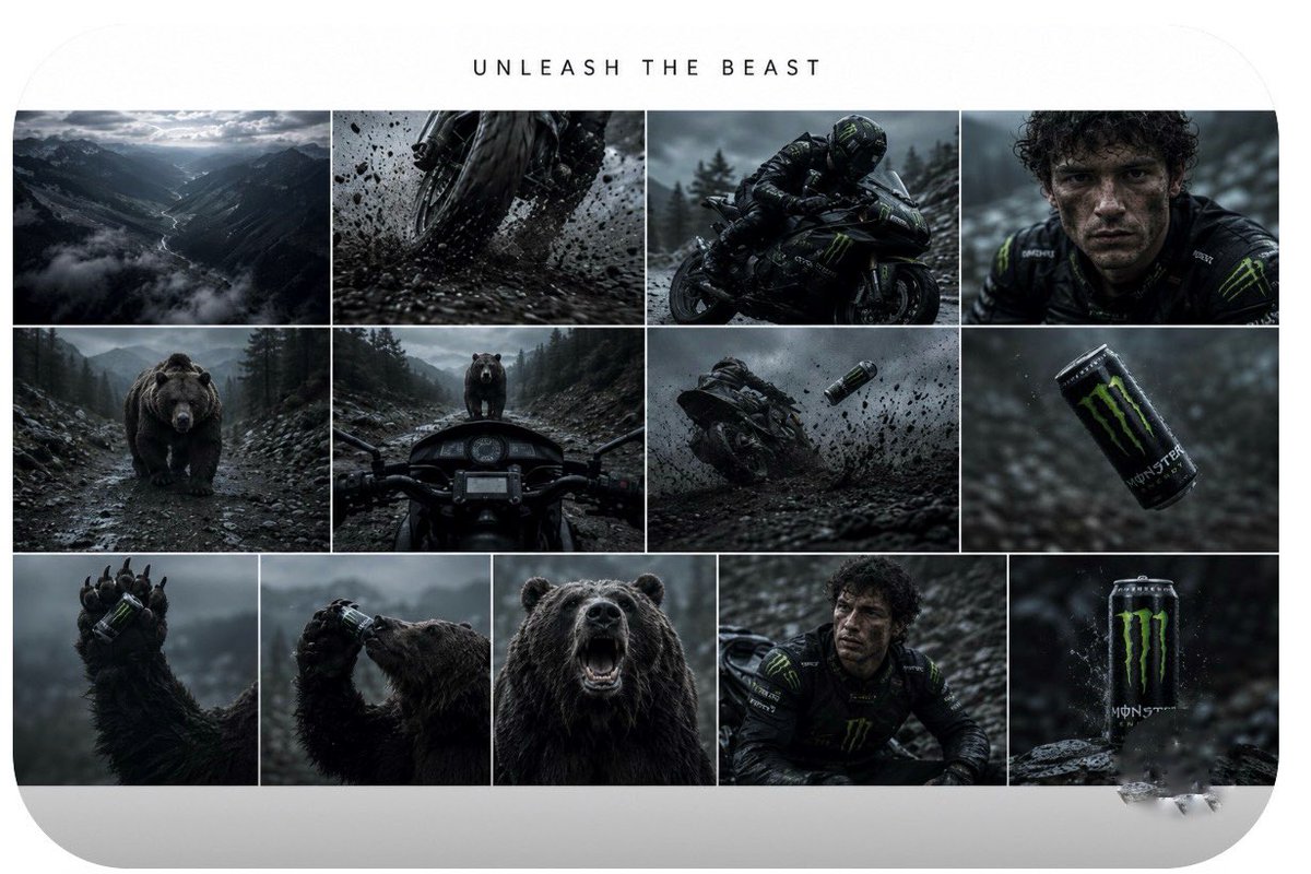 ### Seedance 2.0 — 15秒 Monster Energy“UNLEASH THE BEAST”广告 **画幅比：** 9:16 竖屏 **时长：** 15秒 **风格：**...