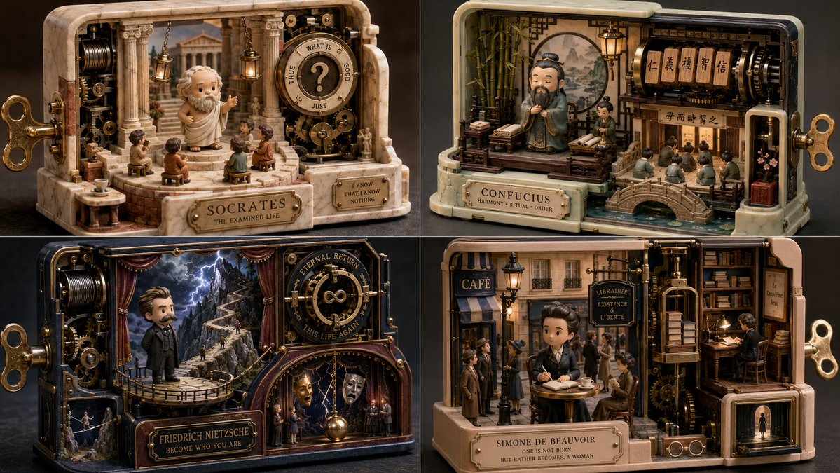 创建一个迷人但极致精致的场景，围绕 [wind-up toy / mechanical miniature world]（发条玩具 / 机械微缩世界）展开，其中一个自成一体的微小世界由一个可见...