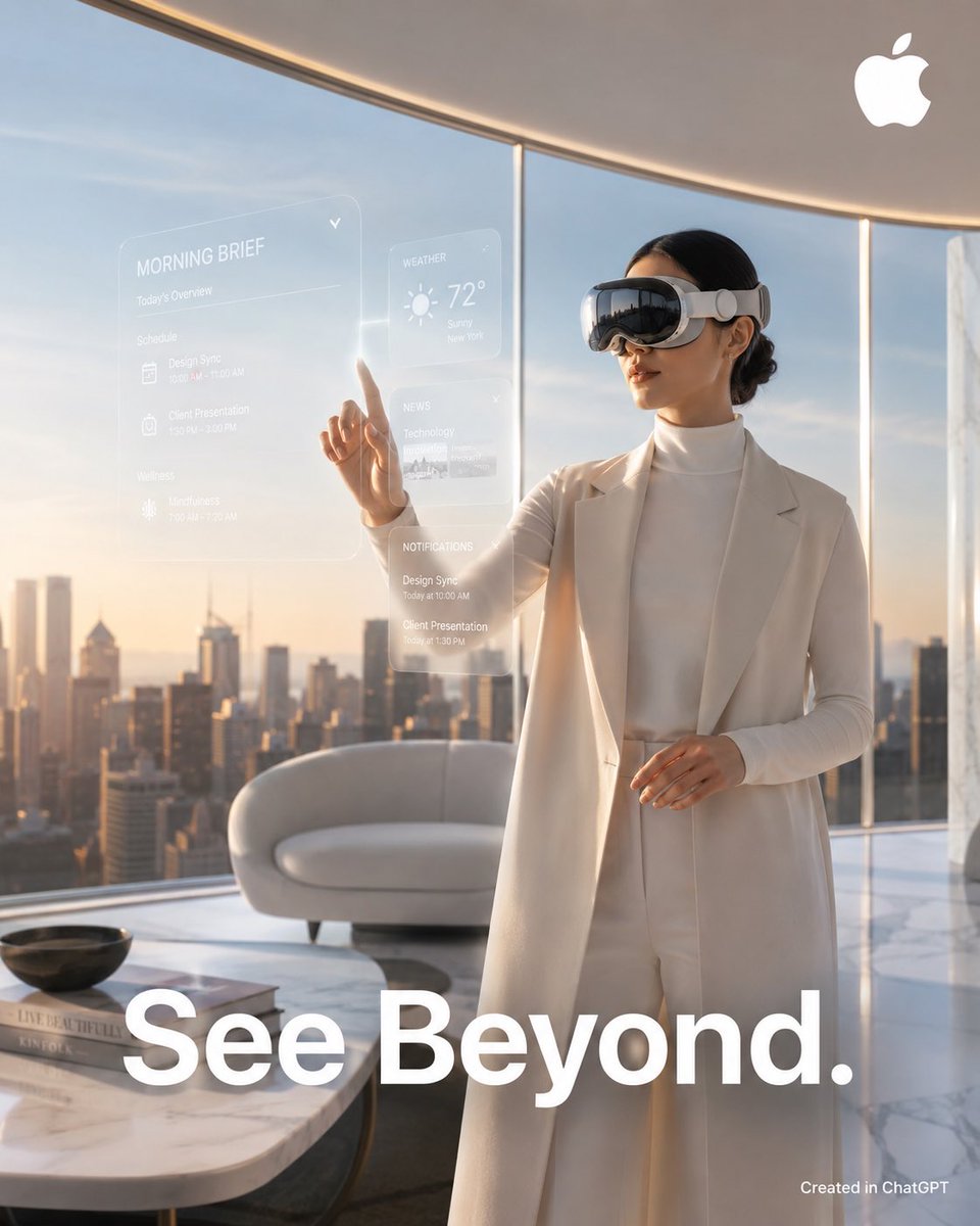 为 Apple Vision Pro 打造的极致写实奢华商业广告,呈现超高端未来感生活方式美学。一位精致时尚的专业人士佩戴着 Apple Vision Pro 头显,伫立在令人叹为观止的现代顶...