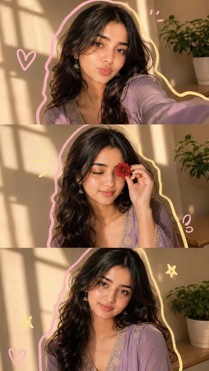 超写实美学三格人像拼贴画：一位美丽的年轻女性，自然柔和的妆容，肌肤白皙透亮，脸颊红润，粉色光泽双唇，眼神灵动，长长的波浪状棕色卷发，佩戴精致的垂坠耳饰。温暖的黄金时刻阳光透过窗户洒入，在米色墙...