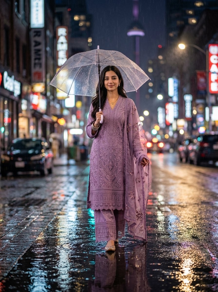 雨夜写实照片：一位24岁女性撑伞行走于城市灯光之间，湿润地面上的倒影，背景虚化霓虹灯光斑，电影感打光，景深效果，神情宁静安详，肌肤保留自然质感，色彩浓郁而真实，高清画质