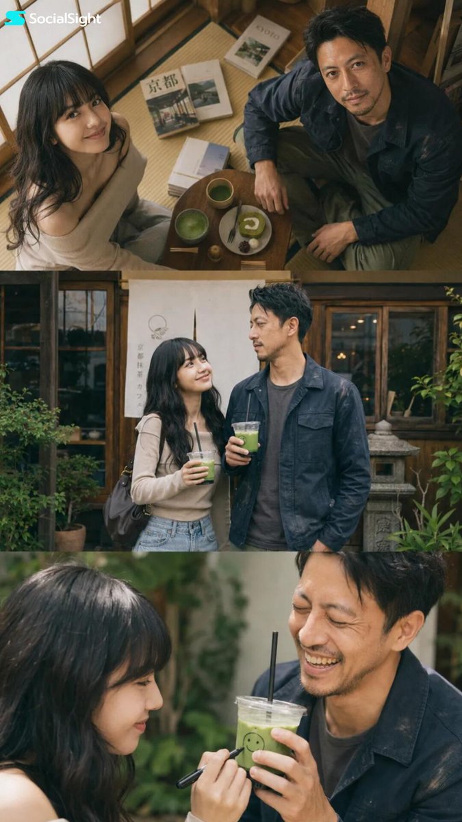 超写实日本生活方式时尚编辑摄影，年轻的亚洲情侣穿着相配的彩色抽象针织毛衣，在城市街道上进行抓拍俏皮的互动，梦幻浪漫的友情氛围，自然的化学反应，柔和的微笑，随意的姿势，时尚的透明染色眼镜，现代街...