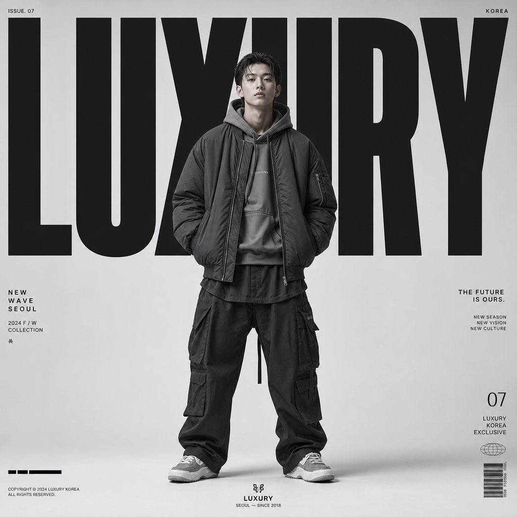 为 "LUXURY " 创作一张高端时尚编辑风格海报，采用奢华韩国街头服饰杂志风格。极简未来主义美学，超大号粗体字体主导背景。全身男性时装模特居中对称，面部表情中性，双手插袋，站姿放松自信。...