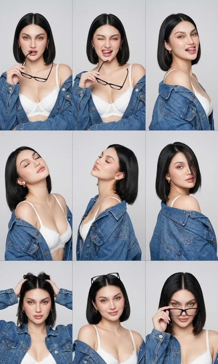 由 nano banana 2 创建 ✨prompt 超写实的 3x3 美妆对比联系表(contact sheet),同一魅力女性呈现九种不同姿态与表情,以干净的方形网格排列,每格之间以细黑边...