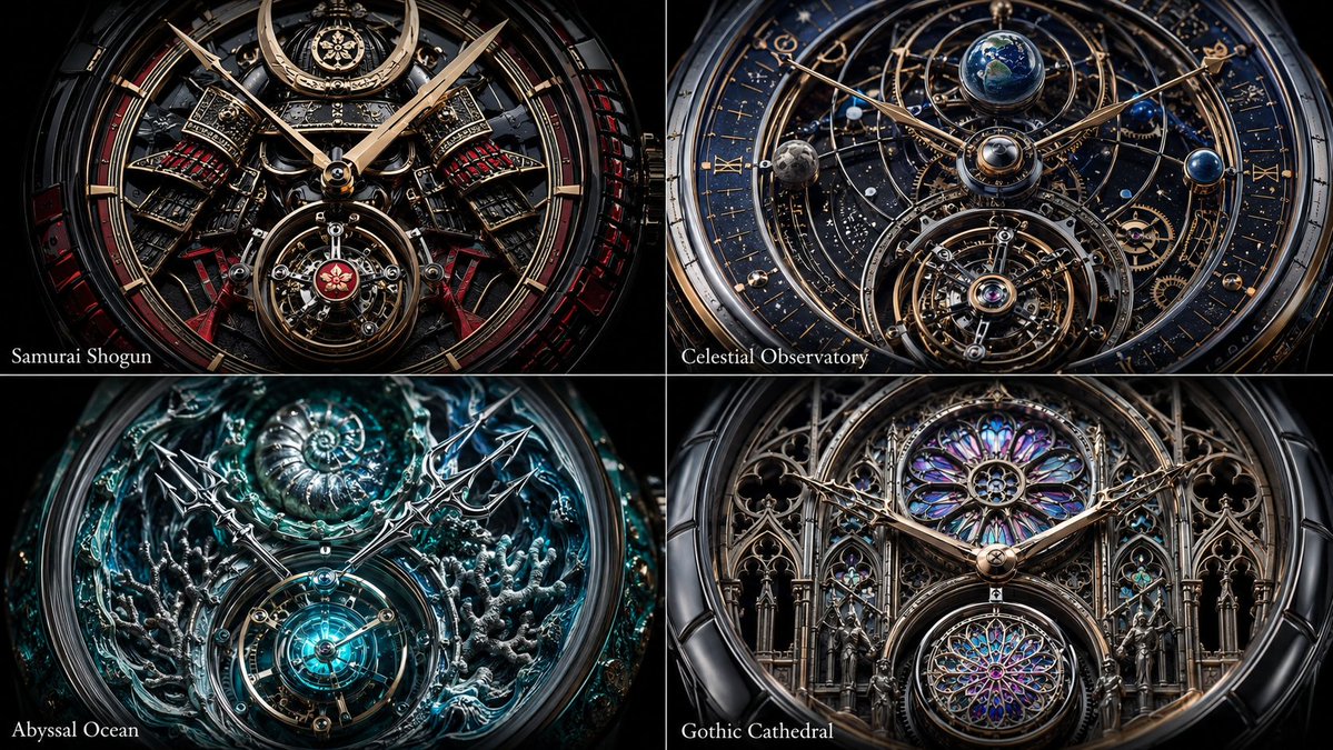 2x2 网格,为此制作 4 个令人惊艳的主题,16:9 [luxury_watch_cad_system] base_chassis: "hyper-luxury skeletonized t...