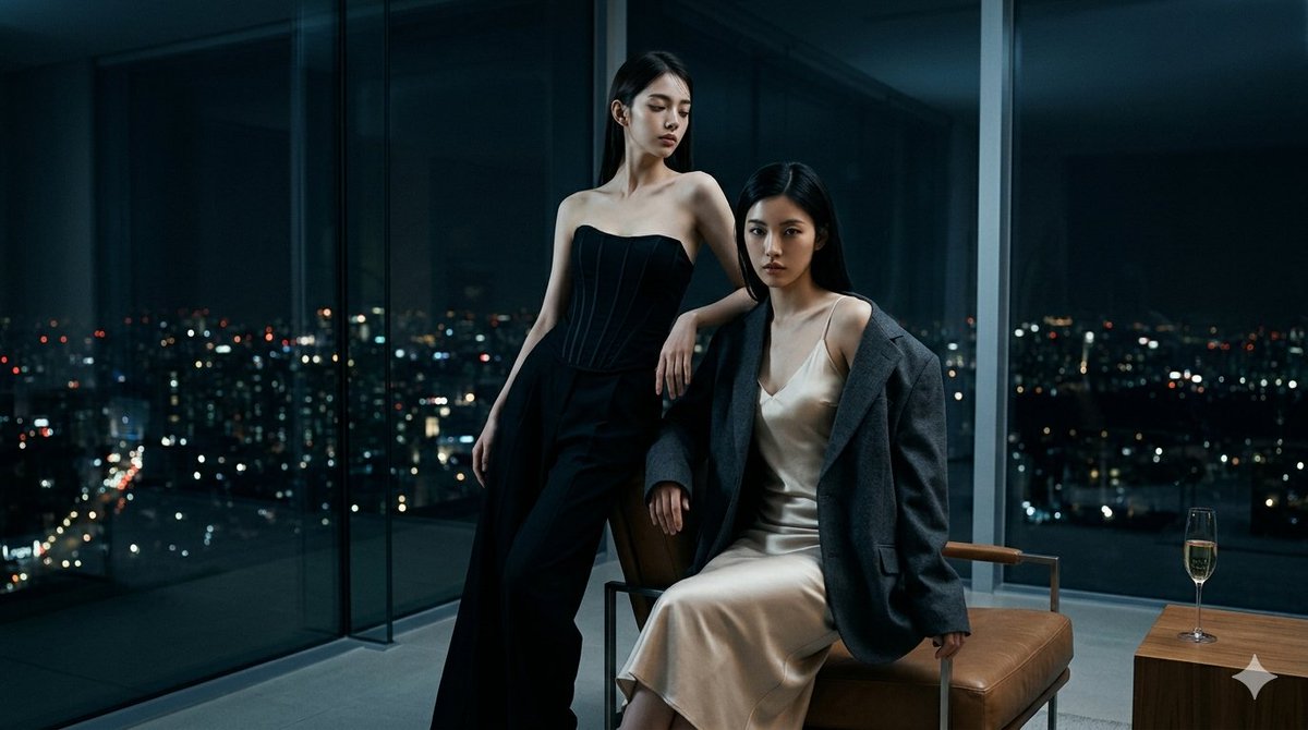 一幅宽幅电影感时尚大片，呈现两位虚构的东亚成年女性，年龄22–28岁，拥有纤细修长的超模比例，五官大胆、高度表现力且经过精心雕琢。第一位主体略微靠前，坐在躺椅的扶手上，第二位主体站在她正后方，...