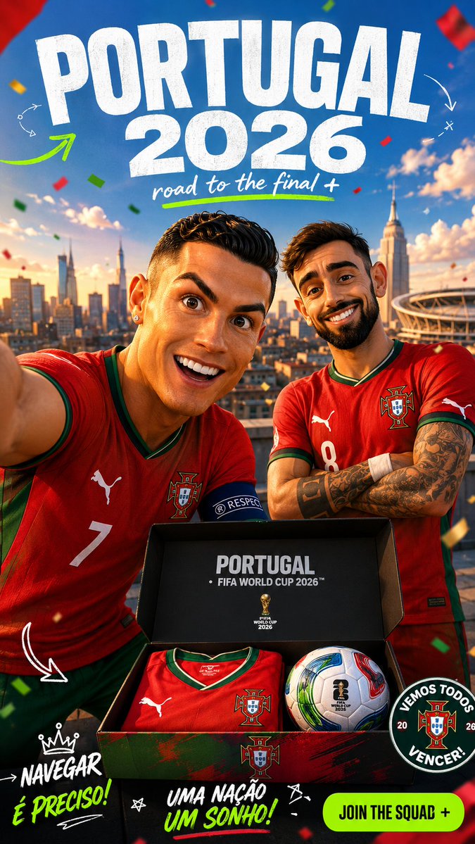 两个超光泽皮克斯风格的3D头像，代表[COUNTRY_NAME]参加2026年FIFA世界杯阵容中两位最大的现役球星。主球员以充满活力的表情向镜头倾斜，一只手臂伸出画面之外，第二位球员站在后面...