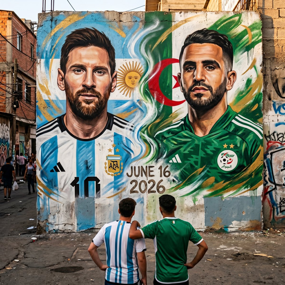 梅西 - 马赫雷斯。6月16日。🇦🇷🇩🇿⚽ 两位传奇，一面墙。 不要错过这场比赛！ 使用 Nano Banana 2 制作 ⬇️ PROMPT — "比赛日：梅西 vs 马赫雷斯"（双联壁画）...