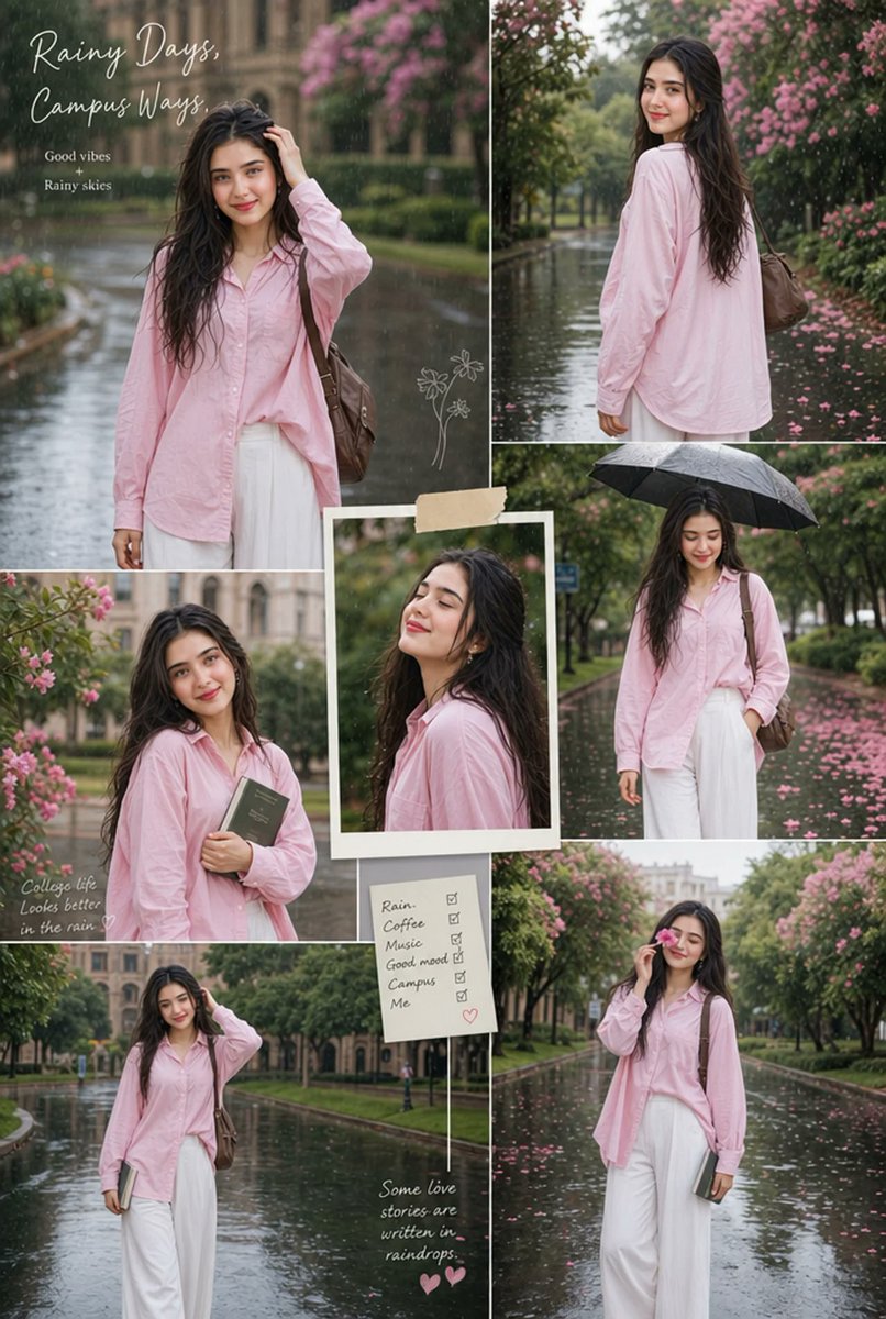 创作一张具有美感的雨季大学人像拼贴画，画面中一位时尚年轻女性身着粉色宽松衬衫与飘逸的白色阔腿长裤，在美丽的校园道路上享受轻柔的细雨。让她周围环绕着盛开的粉色花朵、郁郁葱葱的绿植以及倒映雨光的湿...