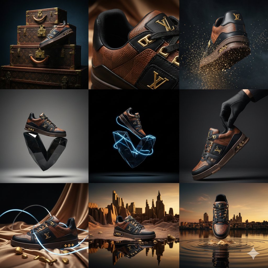 https://t.co/zXFhHBPTNJ Louis Vuitton 奢侈皮革运动鞋广告大片。高时尚编辑风格，前卫美学。宽高比 3:4。 材质:全粒面小牛皮,Monogram 压花帆布,...