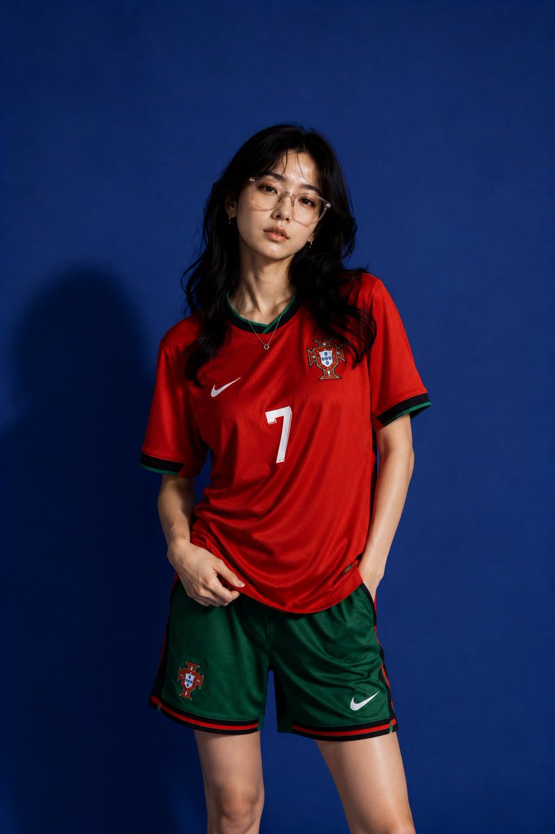 创作一组高级运动时尚风格的编辑大片照片，灵感来源于2026年国际足联世界杯（FIFA World Cup 2026）的热烈氛围。画面中是一位美丽的年轻日本/韩国女性（20岁出头），自信地站立在...
