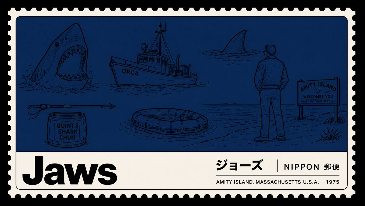 GPT 图像 2 提示 极简日本邮票电影海报，采用"Nano Banana 2" / Nippon Yūbin 展览系列风格。宽幅横版格式，置于纯黑背景之上。白色边框，带有真实的邮票齿孔图案（...