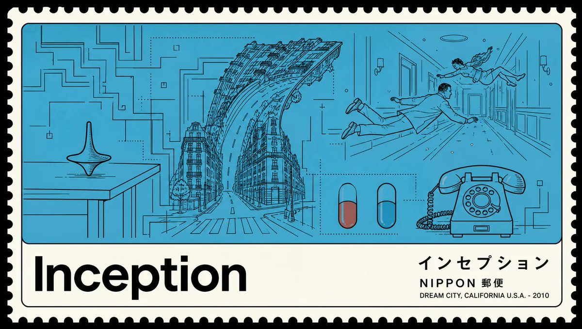 GPT 图像 2 提示 极简日本邮票电影海报，采用"Nano Banana 2" / Nippon Yūbin 展览系列风格。宽幅横版格式，置于纯黑背景之上。白色边框，带有真实的邮票齿孔图案（...