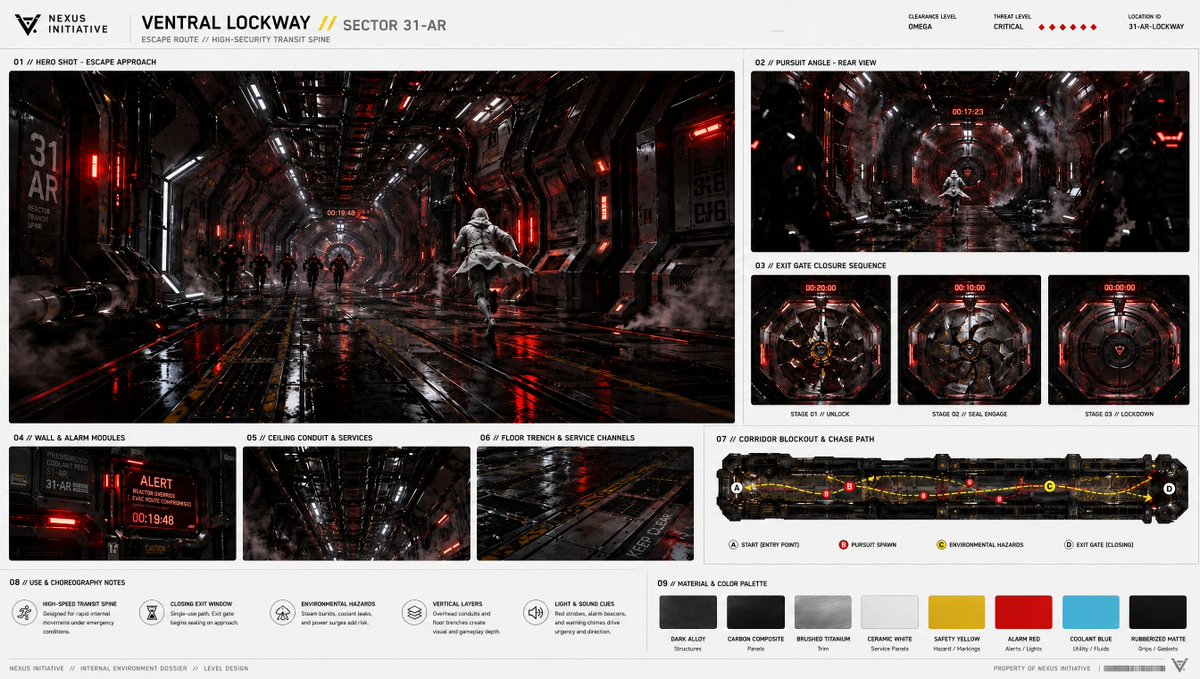 AETHER-9 // 腹侧锁定通道逃生 — 15秒 动作 分镜 变速播放(慢动作点缀) 氛围:绝望、致命、克制 — 一个如利刃般干净利落的男人,在不断闭合的倒计时中切开混乱。 场景与气氛 一...