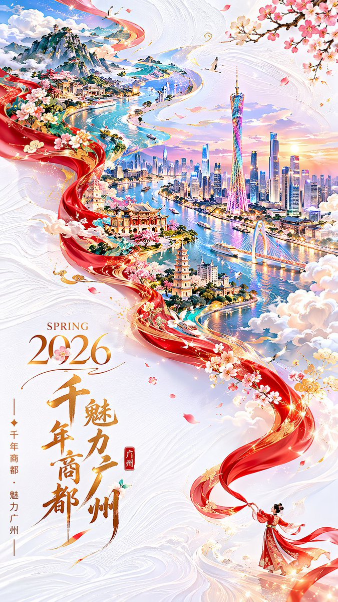 https://t.co/hDJpy8uyc2 提示词： 广州2026年春节竖版9:16城市宣传海报——喜庆而不失雅致。 双重曝光，S形曲线流畅构图。纯白色带有肌理的背景右下角，一位身着中国传...