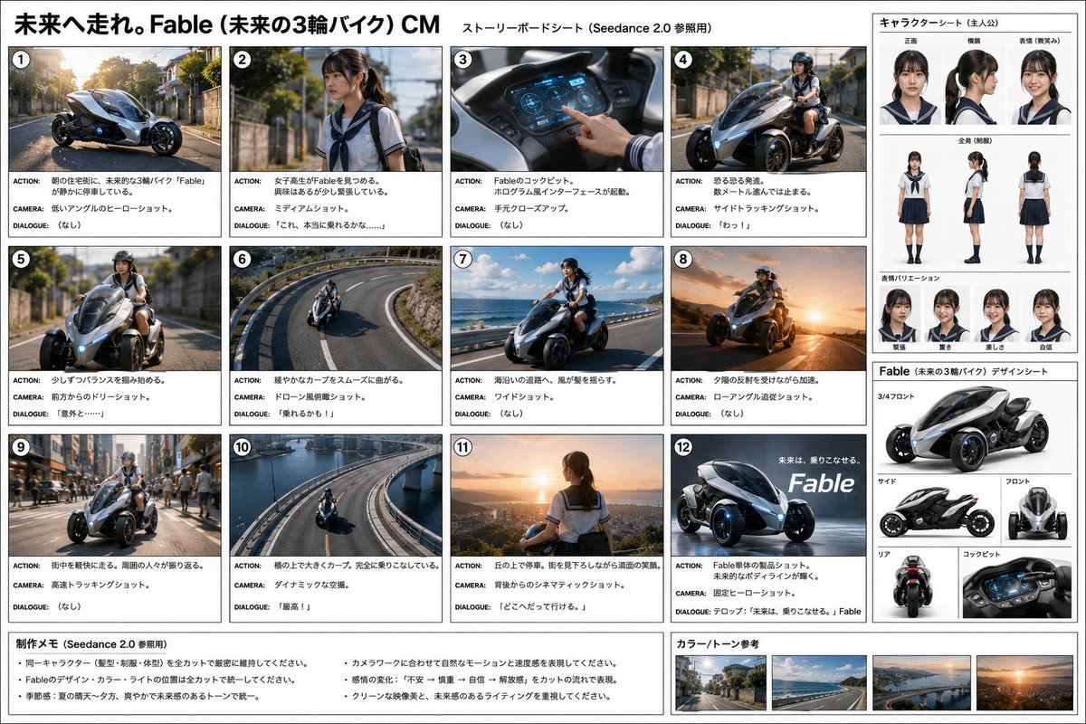 参考：@Image1（分镜表）—— 全片锁定人物与车辆设计。 人物（严格保持）：16-17岁高中女生，黑色低马尾，日式海军制服（白色衬衫、藏青色领、藏青色百褶裙、白色松口袜）。头盔：白色全盔，...