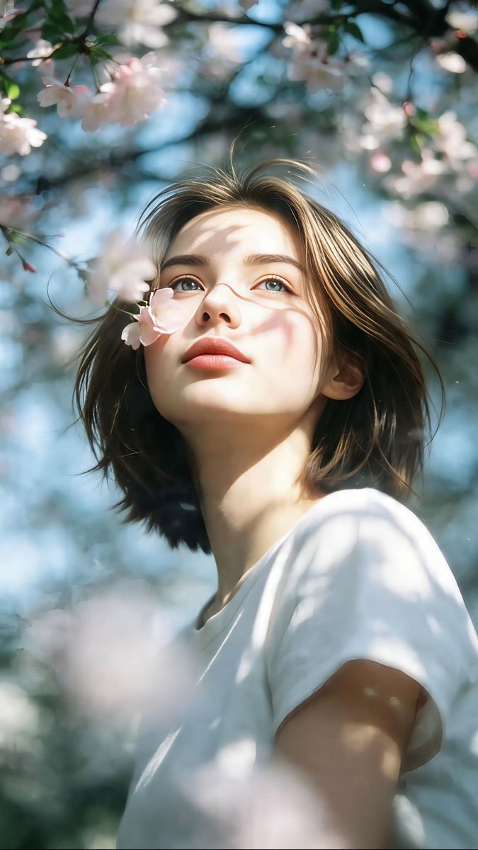 超现实电影感人像摄影。竖向 9:16 构图。仰视镜头，向上看向面部。主体站立于春日盛开的樱花树下。柔和的自然日光透过枝叶，在面部、颈部和白色 T 恤上投下美丽的斑驳光影。 短而略显凌乱的被风吹...