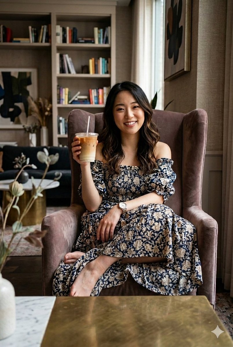 一张高质量、逼真的肖像：一位面带微笑的东亚女性，留着长长、波浪状的深棕色头发，舒适地坐在一张紫红色天鹅绒翼背扶手椅上。她身穿一件深蓝色露肩长款连衣裙，上面点缀着米色花卉图案，戴着一块白色表带的...