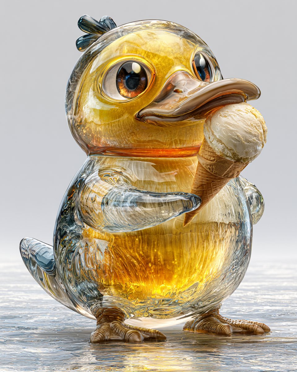 宝可梦主角团体中的可达鸭（Psyduck）正在吃一个香草冰淇淋甜筒，全身可见，站立于洁净的摄影棚场景中，由完全透明的玻璃状果冻材质制成，水晶般清澈的亚克力质感，半透明的黄色身体带有细腻的金色渐...
