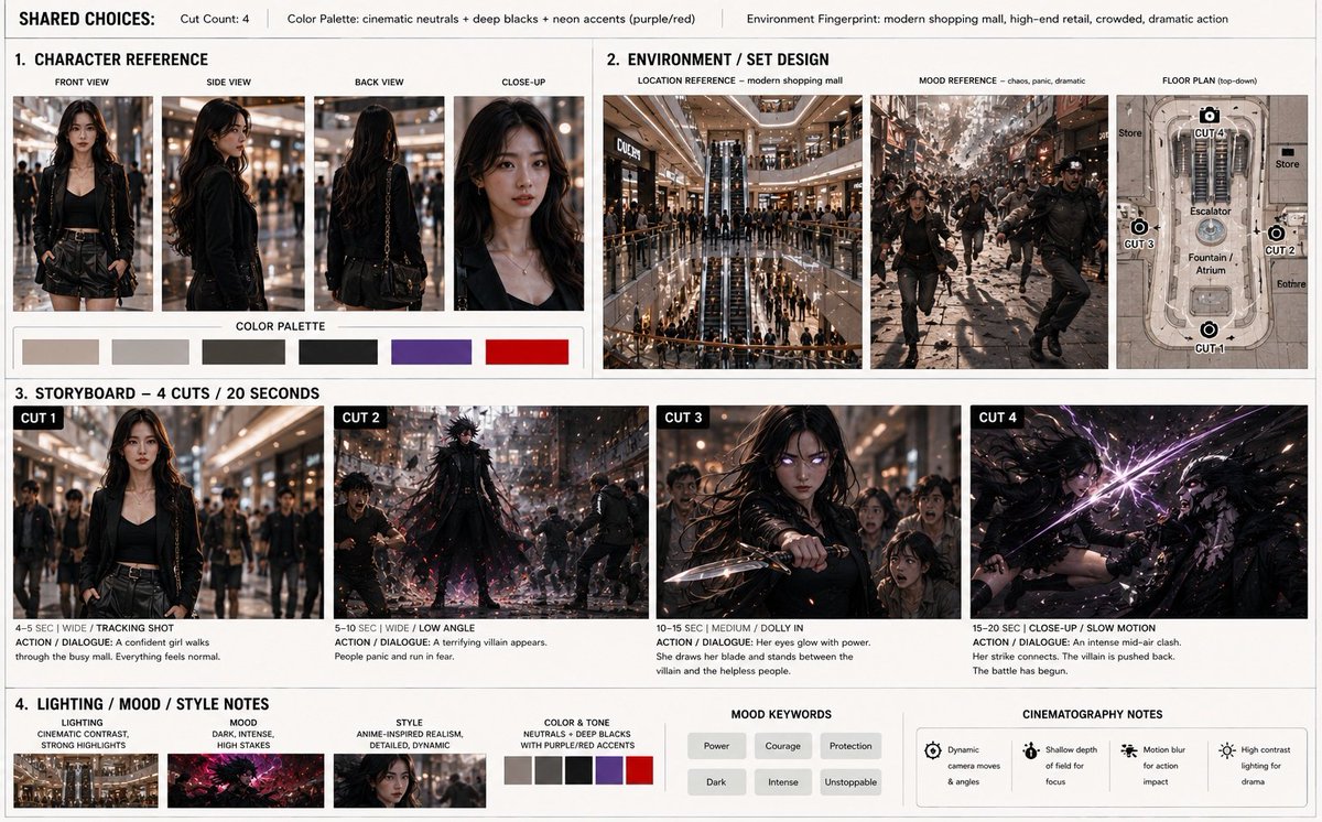 电影分镜画面：一位25岁左右的年轻东亚女性站在繁忙的现代购物中心中,姿态自信,穿着时尚。第二格:一位身穿戏剧性黑色服装的高大黑暗动漫风格反派出现,周围的人群惊慌奔跑尖叫。第三格:女孩的眼中闪烁...