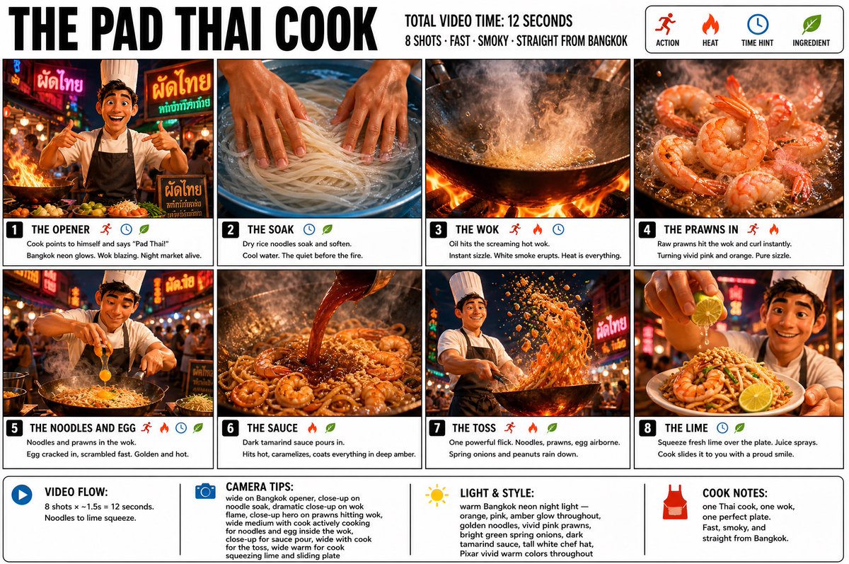 “为《THE PAD THAI COOK（泰式炒河粉厨师）》制作一份清晰、简洁的信息图式故事板海报。宽幅 16:9 布局，白色背景，黑色边框，粗体黑色字体，顶级皮克斯 3D 风格化渲染，明亮鲜...