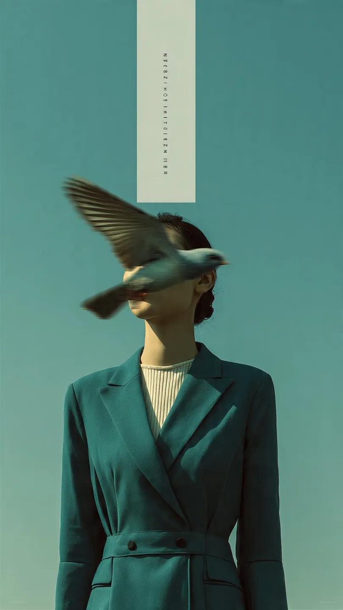 时尚大片拍摄，一位身穿结构感深青色西装外套的女子站在淡蓝色开阔的天空下。一只鸟以重度动态模糊掠过她的脸庞，以纯粹的超现实主义形式遮住她的五官。粗颗粒胶片质感，柔和的电影光效，极简构图。杂志封面...