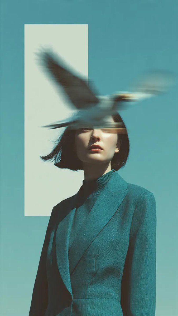 时尚大片拍摄，一位身穿结构感深青色西装外套的女子站在淡蓝色开阔的天空下。一只鸟以重度动态模糊掠过她的脸庞，以纯粹的超现实主义形式遮住她的五官。粗颗粒胶片质感，柔和的电影光效，极简构图。杂志封面...