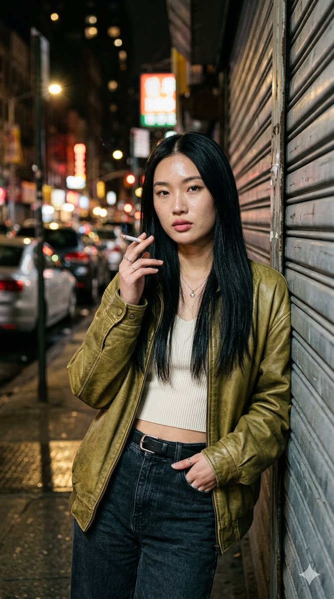 RAW 风格真实感夜间街头人像照：一位美丽年轻女性，长直顺滑黑色头发（中分），皮肤自带自然光泽，可见毛孔与细微瑕疵，柔和干净的抖音风 Glam 妆容，表情平静略带压迫感，直视镜头。 白色罗纹短...