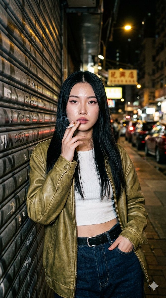 RAW 风格真实感夜间街头人像照：一位美丽年轻女性，长直顺滑黑色头发（中分），皮肤自带自然光泽，可见毛孔与细微瑕疵，柔和干净的抖音风 Glam 妆容，表情平静略带压迫感，直视镜头。 白色罗纹短...