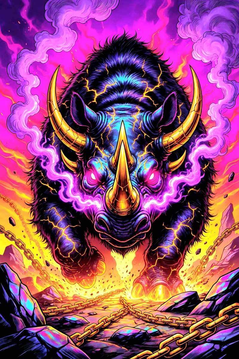 🌈奇艺叛客独家🦏 狂野星期五荒原犀牛提示词分享！✌️😝 PROMPT Vibrant glossy hand-drawn comic book illustration style with...