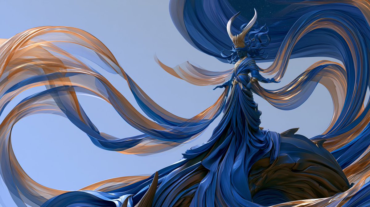 [LEGENDARY_FIGURE] 威临 [CREATURE/BEAST]，以光滑的体积感三维编辑插画风格呈现，巨大而半透明的丝绸缎带极光形态以 [COLOR1] 与 [COLOR2] 的虹...