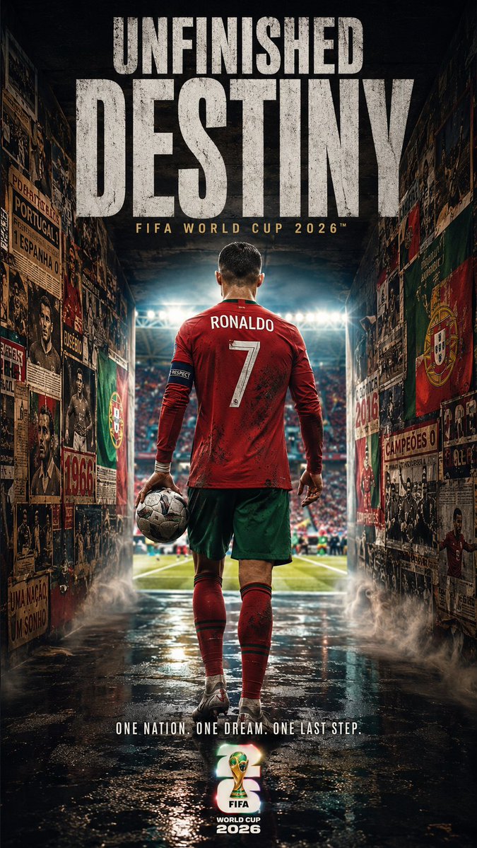 超现实主义电影感体育海报，官方 FIFA 世界杯 2026 氛围，顶级电影级摄影质感，竖向构图 (9:16)。 一位来自 [COUNTRY] 的现役明星球员背对镜头站立在一条黑暗隧道的入口处，...