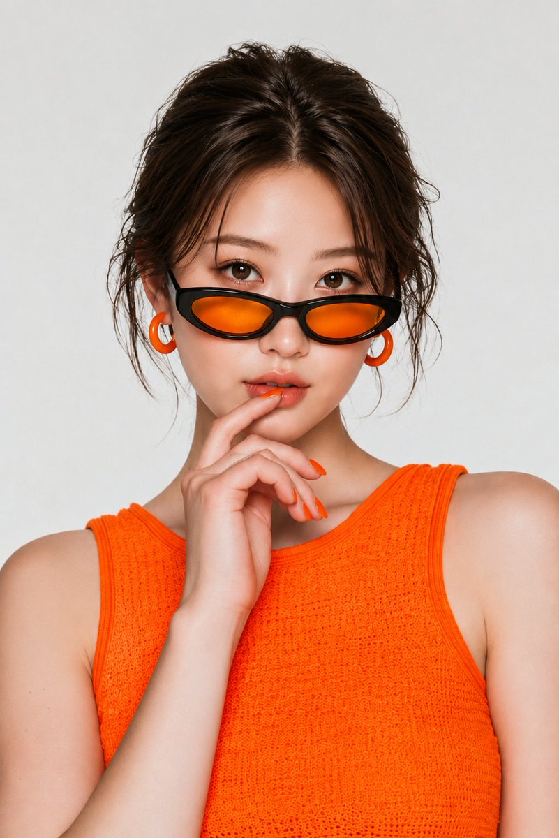 超写实高端时尚美妆人像摄影，年轻东亚女性，居中构图，自信优雅地直视镜头。柔和无瑕的瓷白肌肤，温暖的大棕色眼睛，精致淡妆配以细腻眼线，柔和蜜桃色腮红，光泽裸橙色唇彩。深棕色头发松散随意地盘起，鬓...