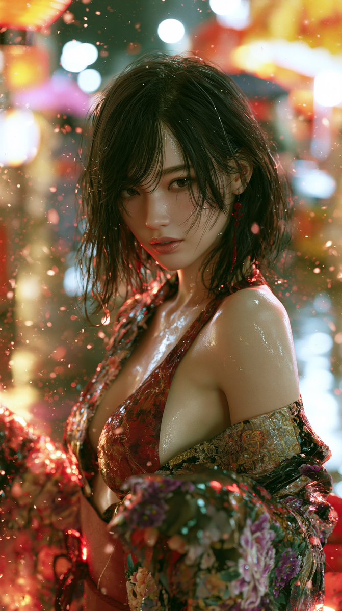 一张超写实的智能手机照片。一位二十出头的日本女性。她拥有丝滑的黑发,散发着神秘的气质。她穿着一件略带精致图案的和服,非常适合夏日祭典。她的肌肤美丽、通透、洁白无瑕。背景描绘了夏日祭典的场景,无...