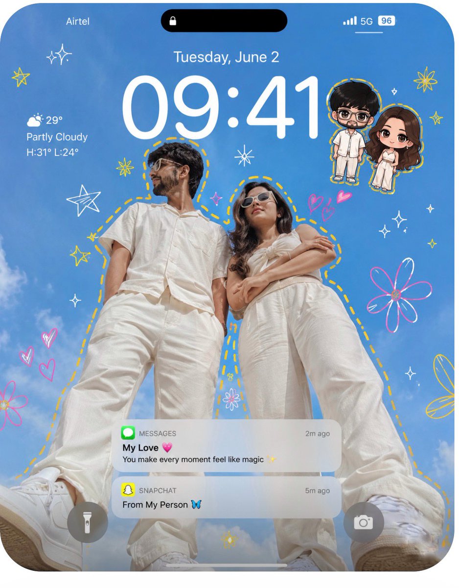 创建一个超逼真的 iPhone 锁屏壁纸。 将这对情侣打造为走在潮流前沿的主角，采用极致低角度仰拍视角，仿佛相机放置在地面向上仰望拍摄。保持完全...