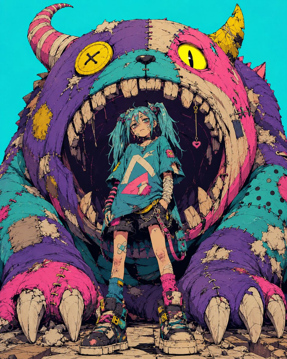 CHARACTER = skinny teenage scavenger with cyan twin-tail hair CREATURE = colossal stitched kaiju...