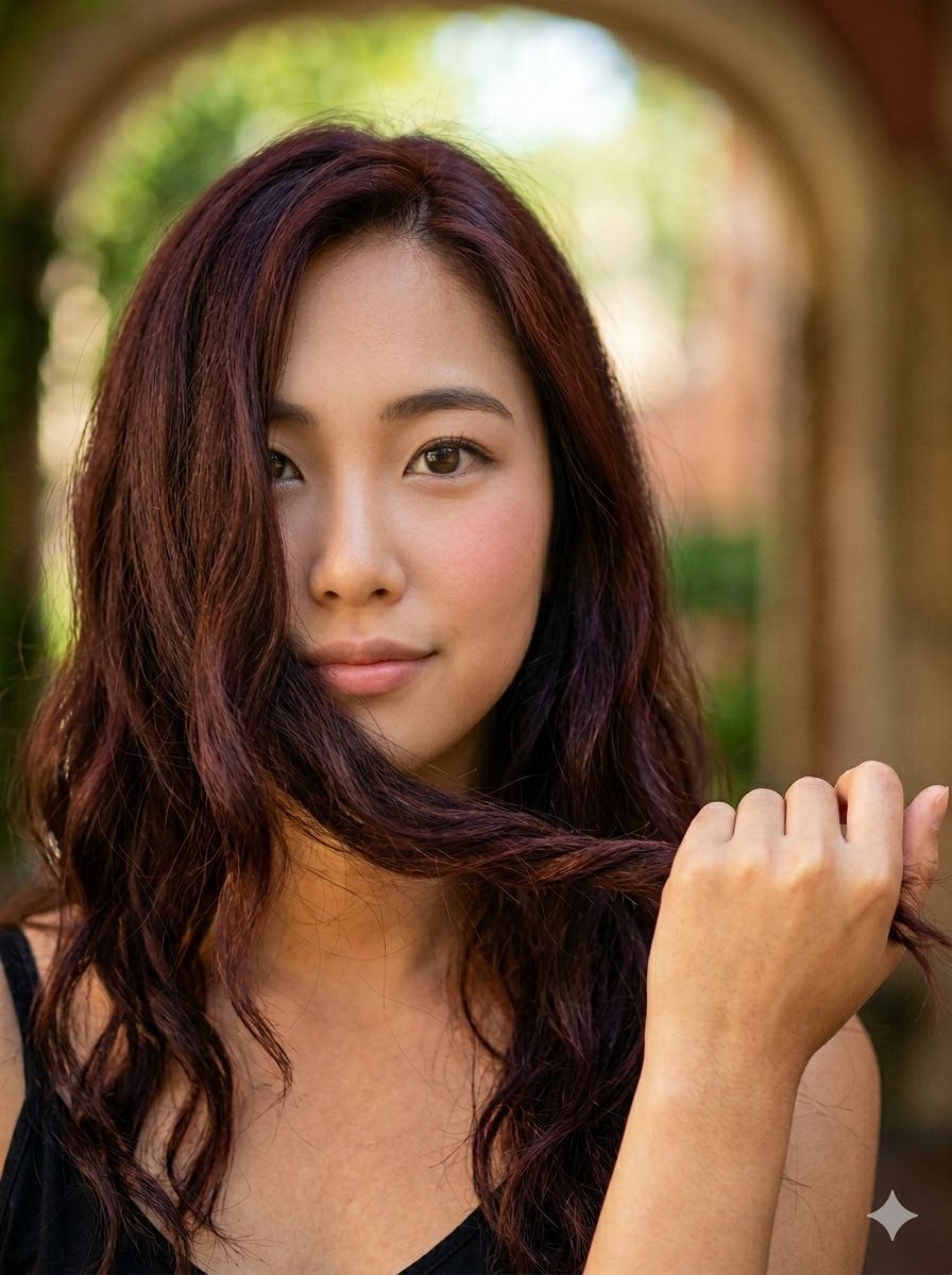 一张竖构图、特写、彩色的年轻韩国女性肖像，表情可爱动人。她带着温柔柔和的微笑，拥有一双大而有表现力的棕色眼睛，脸颊上隐约透着红晕。她的深红棕色波浪卷发倾泻而下，有一缕粗厚的发丝垂落在脸前，部分...