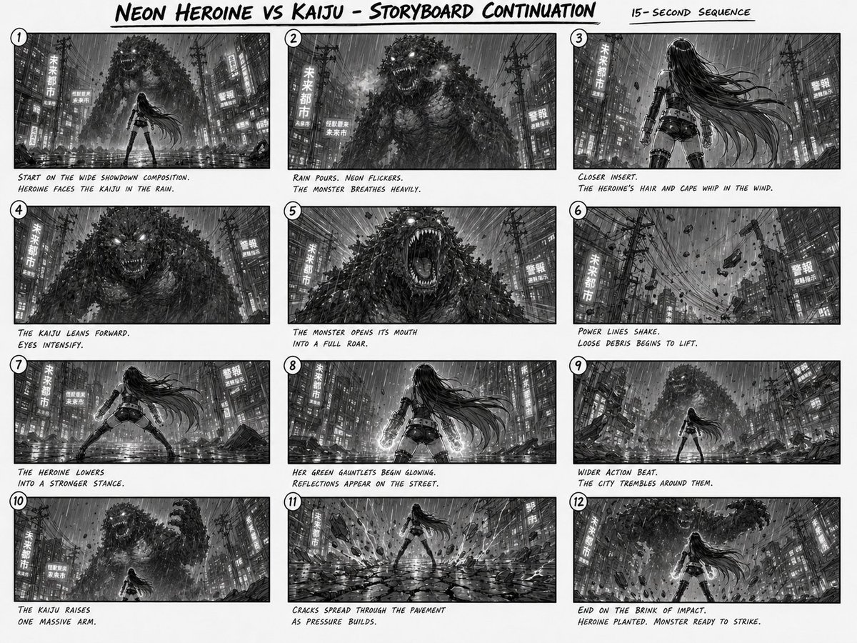 使用 @ firstframehr 作为起始帧。 使用 @ heroine 作为女孩。 使用 @ monster1 作为巨型怪兽（kaiju）。 风格： 电影级动漫动作场景 雨水浸透的霓虹都市...
