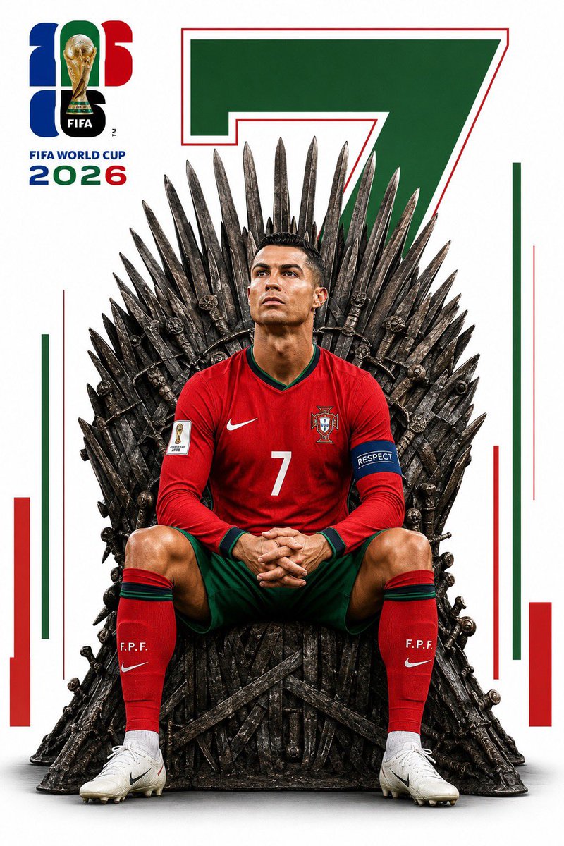 一张专业的、高分辨率的 FIFA 2026 国际足联世界杯数字体育海报。[PLAYER NAME] 端坐于传奇的《权力的游戏》铁王座之上——一座由扭曲交错的利剑构成、高耸阴森、金属质感十足的王...