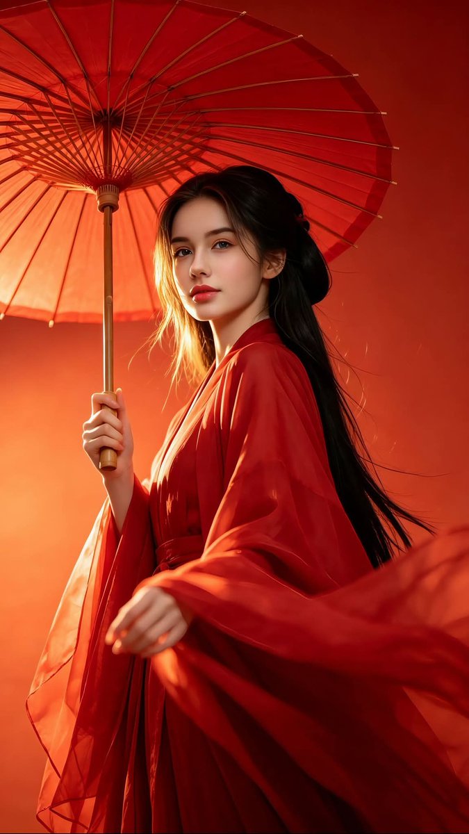 超写实摄影，灵感源自中国古典奇幻时尚。一位美丽的年轻女子，面容青春柔美，长发飘逸如瀑，身着鲜艳的绯红色传统汉服，宽袖轻盈飘逸，优雅的衣料在风中舒展摇曳。她手持一把红色油纸伞，增添永恒的东方美学...