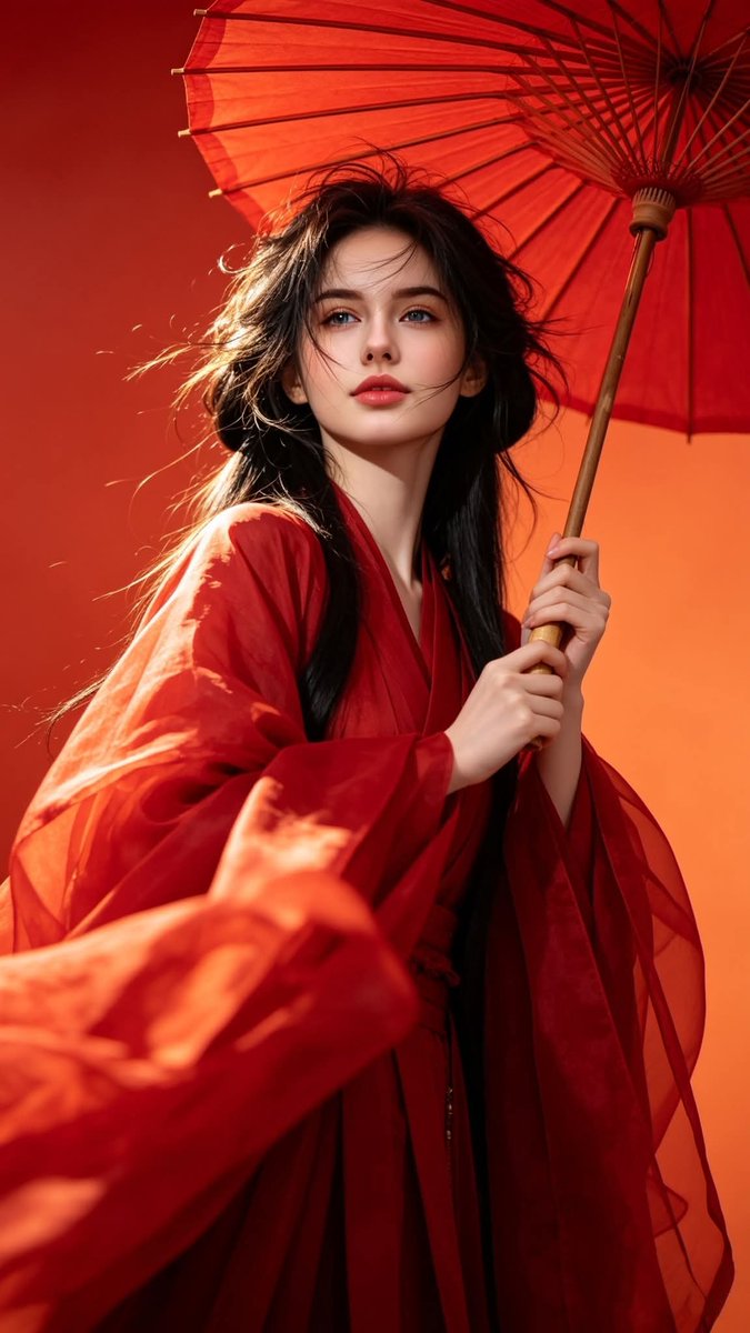 超写实摄影，灵感源自中国古典奇幻时尚。一位美丽的年轻女子，面容青春柔美，长发飘逸如瀑，身着鲜艳的绯红色传统汉服，宽袖轻盈飘逸，优雅的衣料在风中舒展摇曳。她手持一把红色油纸伞，增添永恒的东方美学...