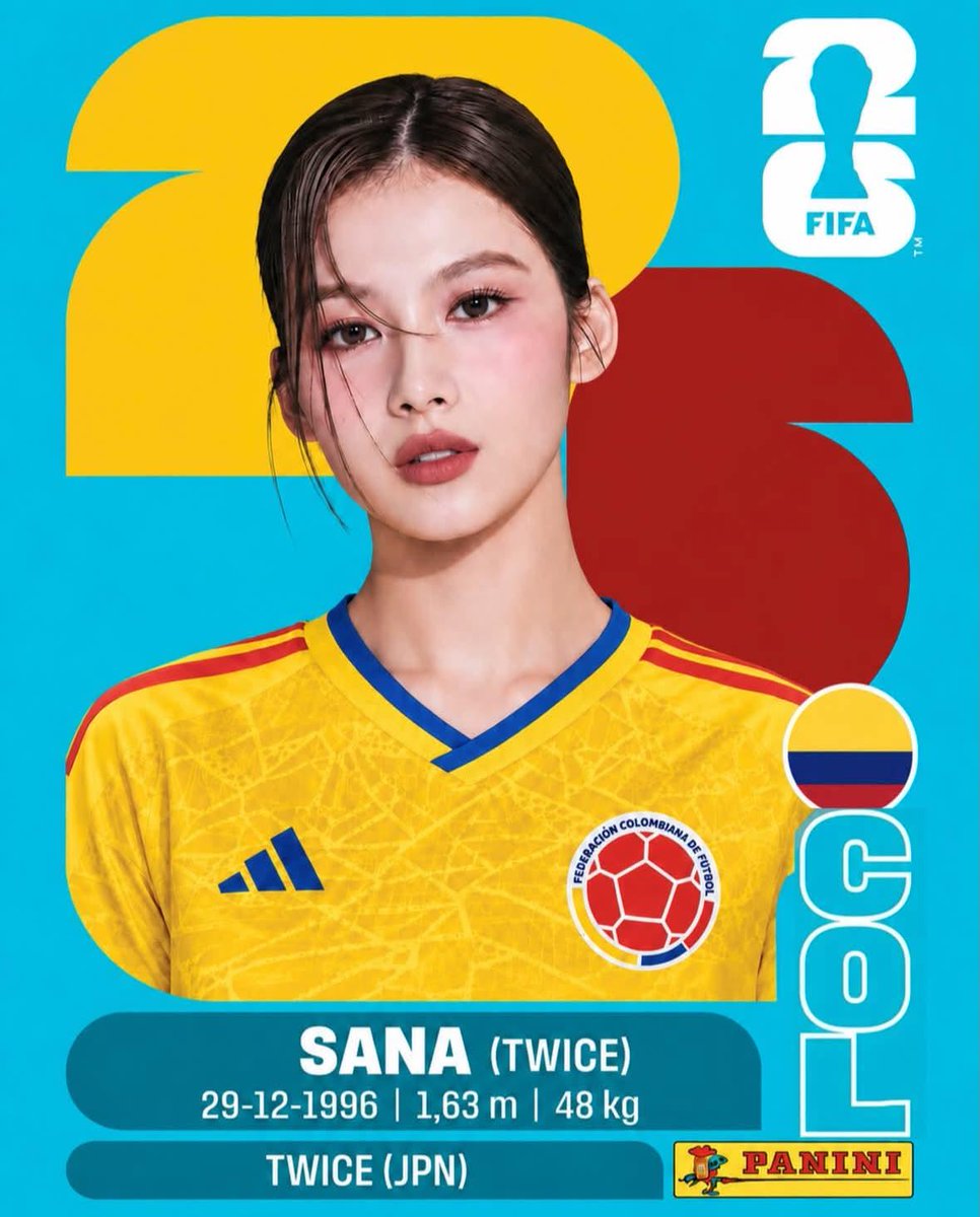 制作一张高端的 Panini（帕尼尼）2026 年 FIFA 世界杯收藏贴纸卡，主题为一位 K-pop 偶像化身职业足球运动员。竖版 2:3 比例。明亮的青色背景，主体身后有巨大的、相互重叠的...
