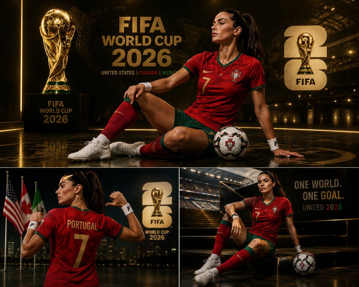创建一张高级感十足的 3 面板 FIFA 2026 世界杯灵感体育海报拼图，画面中是一位自信的女性足球支持者，身穿葡萄牙国家队官方球衣和完整的红绿配色足球装备。 顶部面板（主形象）：电影级全身...