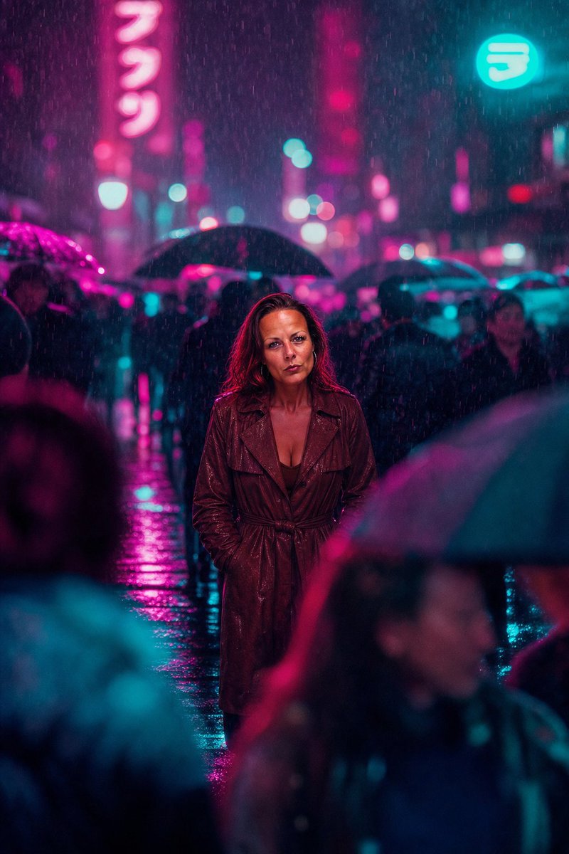 主体在夜晚拥挤的雨街对面通过长焦镜头拍摄,压缩模糊和霓虹反射在 [COLOR 1] 和 [COLOR2] 中饱和 https://t.co/ZRB2GAyWnk