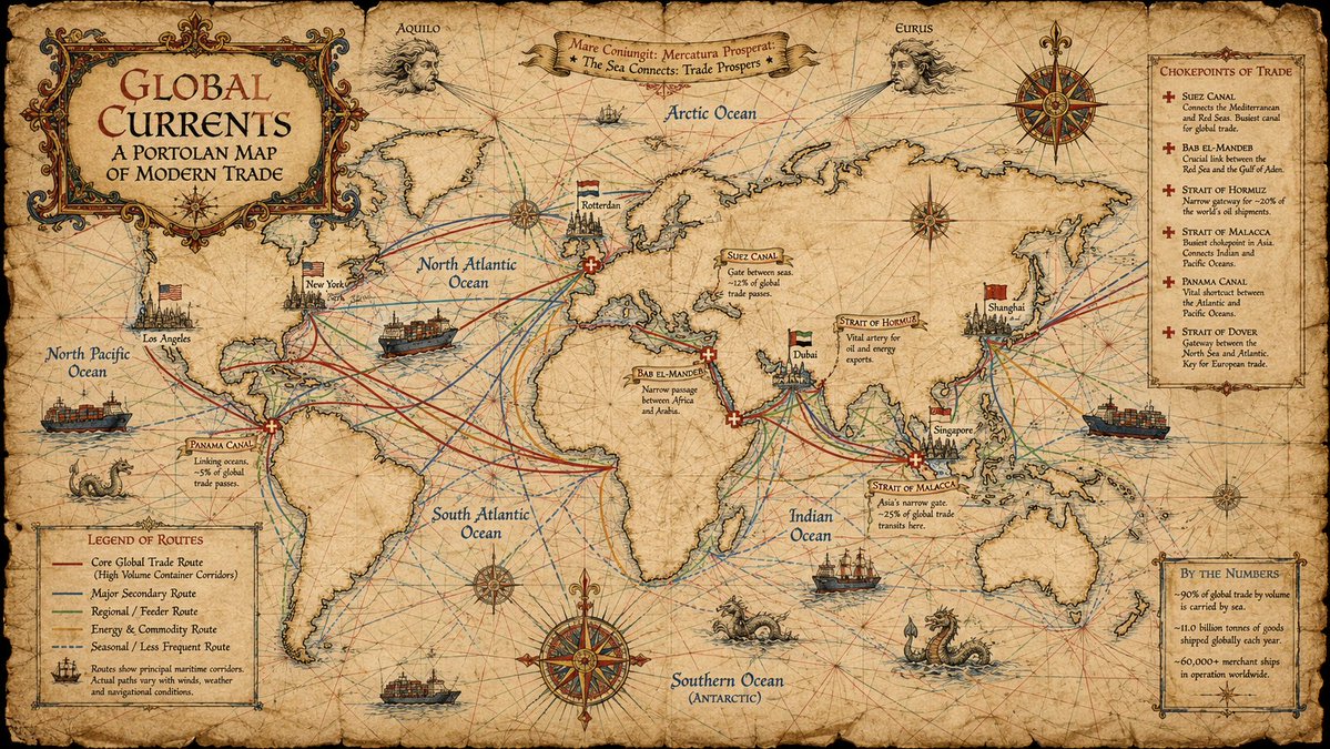 中世纪海港图（portolan chart）风格的信息图海报，16:9 横版，展示当今全球主要海上贸易航线，设计成仿佛一幅绘制在陈旧羊皮纸上的真实14世纪海港图，但用21世纪的数据加以标注；背...