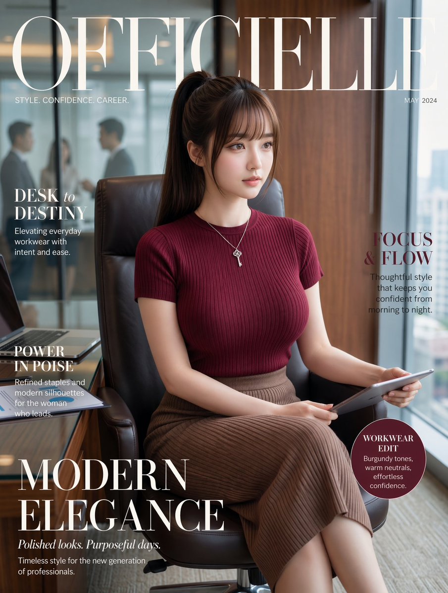 豪华时尚杂志封面，竖版肖像，画面中一位从容自若的年轻职业女性端坐在现代高层办公空间的一张黑色真皮办公椅上。她有着{argument name="hair color" default="深棕色...