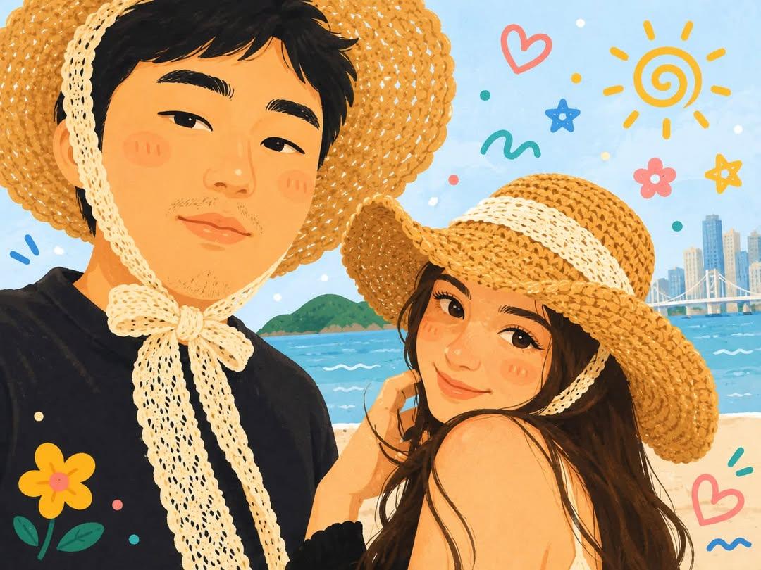 将上传的照片转换为一幅可爱的手绘韩国网络漫画风格插画，画中是一对幸福的情侣在户外自拍。柔和的粉彩色调，圆润有表现力的大眼睛，粉扑扑的脸颊，温暖的笑容，温馨浪漫的氛围，周围漂浮着迷人的涂鸦元素（...