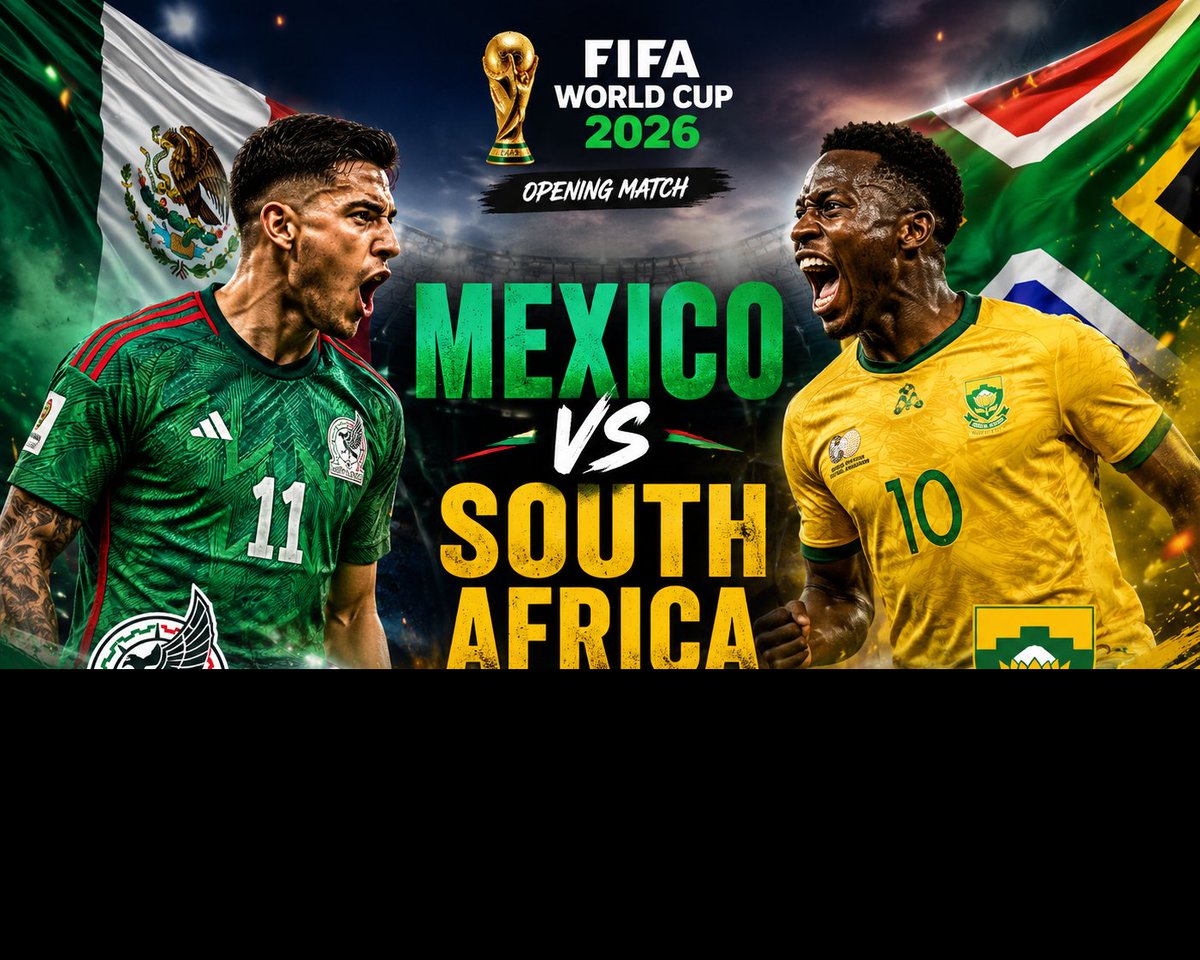 今晚的揭幕战谁会赢？ gpt image 2 提示词 超高端 2026 年 FIFA 世界杯揭幕战海报，墨西哥 vs 南非，戏剧性的面对面构图，两名激烈的足球运动员互相咆哮怒吼，逼真的墨西哥绿...
